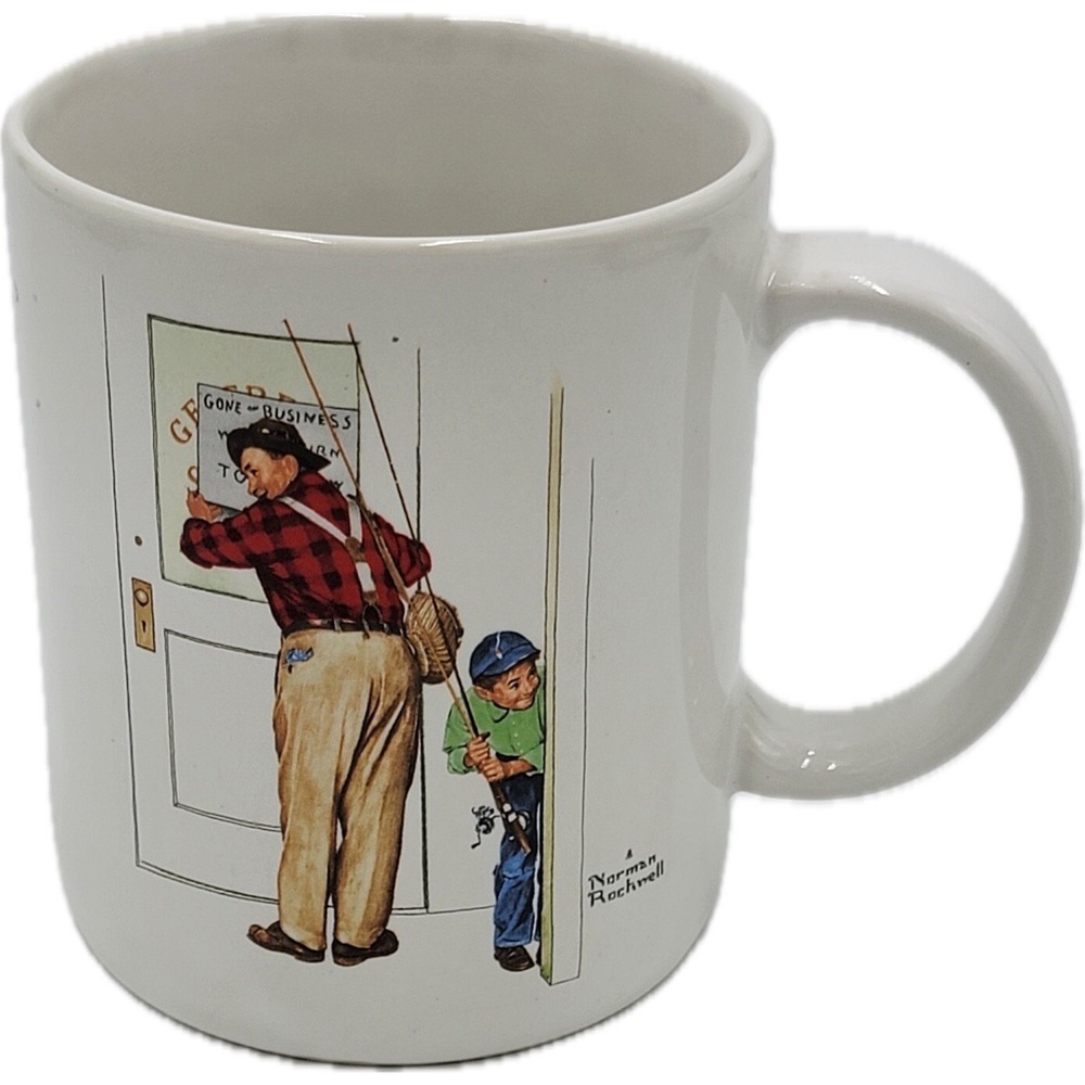 Vtg Closed for Business by Norman Rockwell 1987 Coffee Mug Cup Gone Fishing Core
